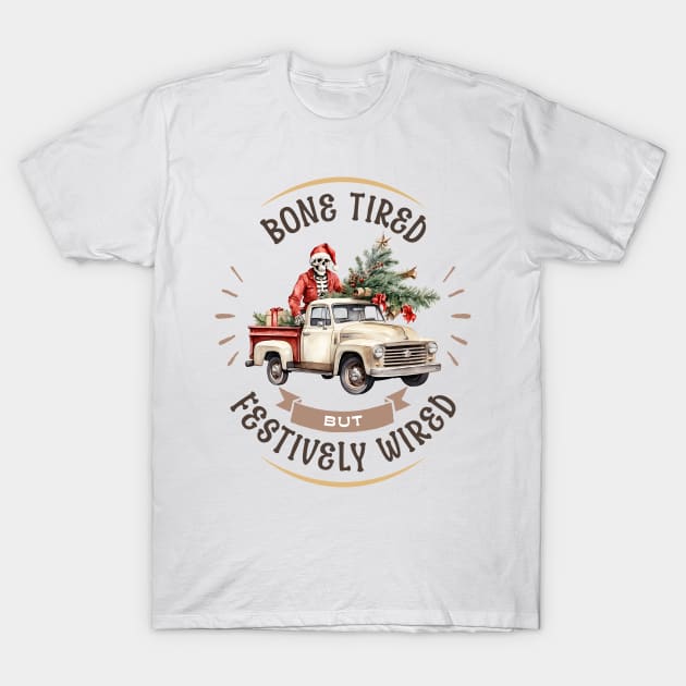 Funny Christmas Skeleton Wearing Santa Hat, Pickup Truck with Tree T-Shirt by TheCloakedOak